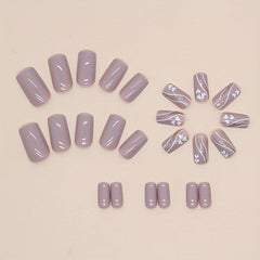 24pcs Nude Pink Glitter Heart False Nails for Women Square Full Cover Medium