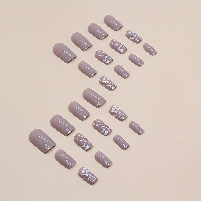 24pcs Nude Pink Glitter Heart False Nails for Women Square Full Cover Medium
