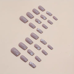 24pcs Nude Pink Glitter Heart False Nails for Women Square Full Cover Medium
