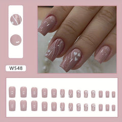 24pcs Nude Pink Glitter Heart False Nails for Women Square Full Cover Medium