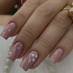 24pcs Nude Pink Glitter Heart False Nails for Women Square Full Cover Medium