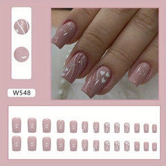 24pcs Nude Pink Glitter Heart False Nails for Women Square Full Cover Medium