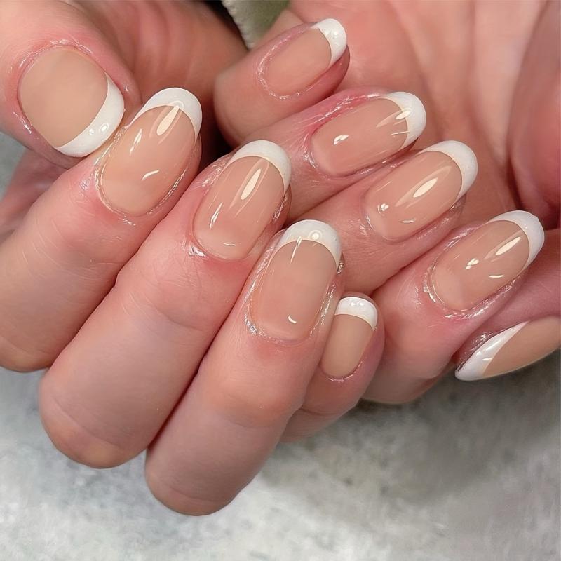 24pcs Nude French Tip Press On Nails for Women, Full Cover Oval False Nails