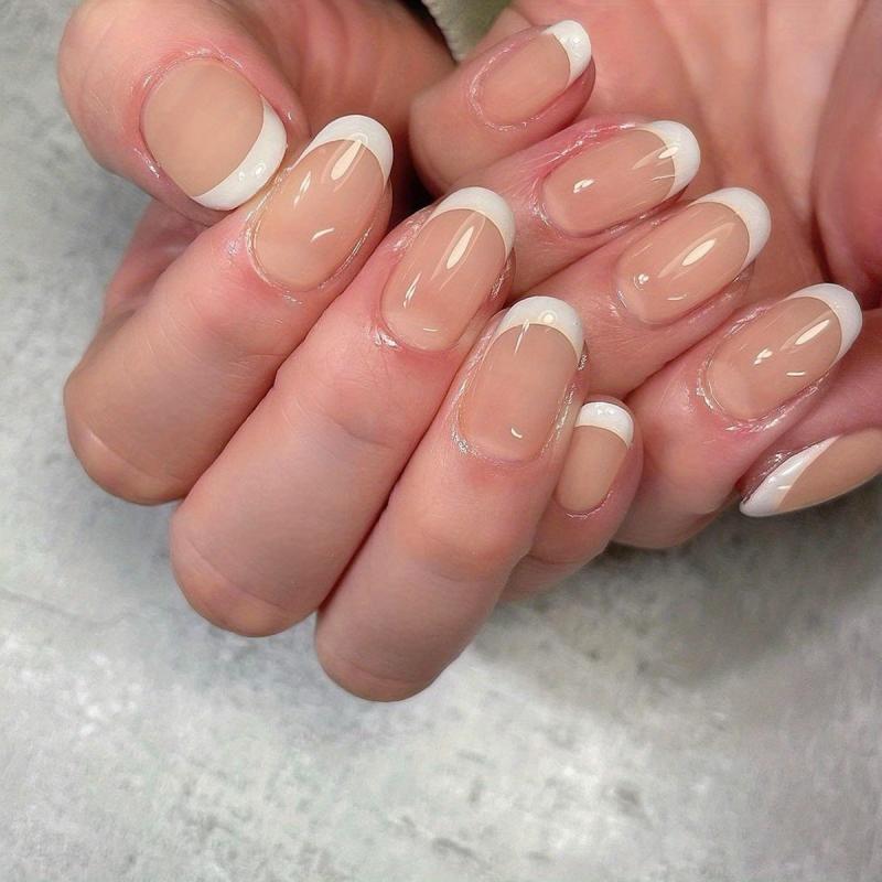 24pcs Nude French Tip Press On Nails for Women, Full Cover Oval False Nails
