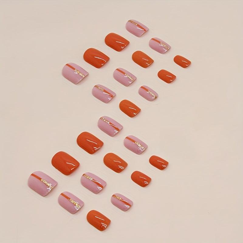24pcs Orange Glitter Sequin Press On Nails Square False Nails for Daily Wear