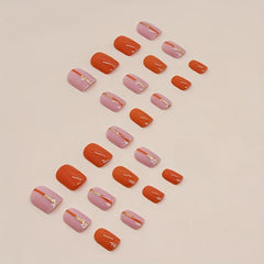 24pcs Orange Glitter Sequin Press On Nails Square False Nails for Daily Wear