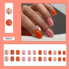 24pcs Orange Glitter Sequin Press On Nails Square False Nails for Daily Wear