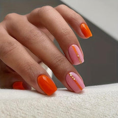 24pcs Orange Glitter Sequin Press On Nails Square False Nails for Daily Wear