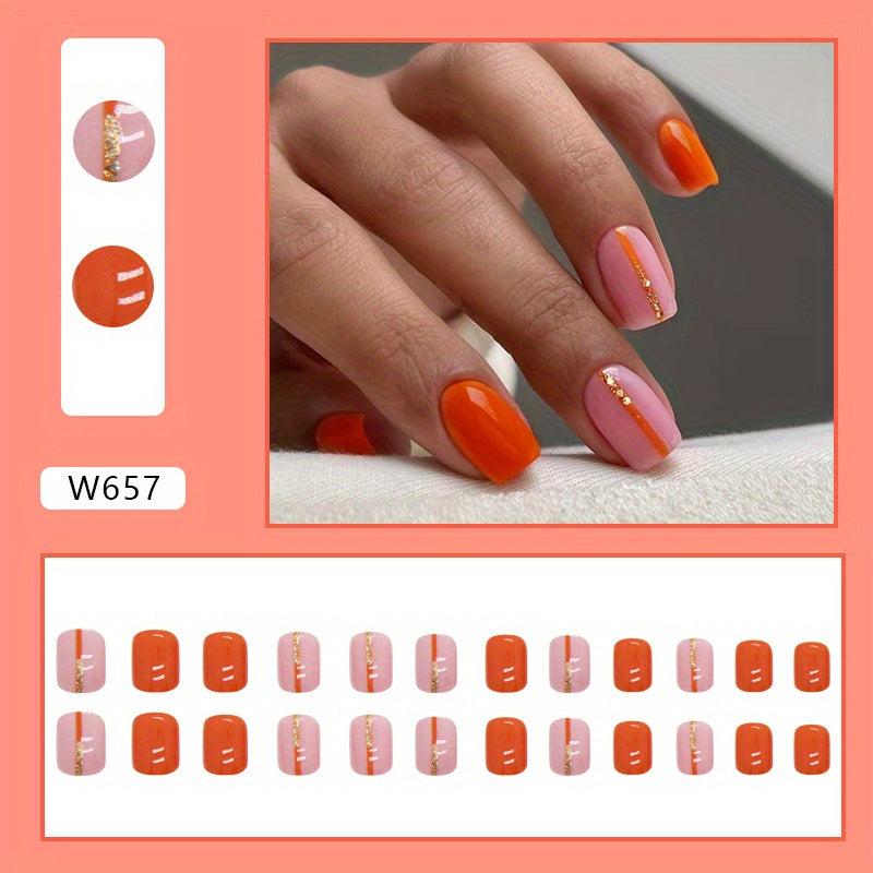 24pcs Orange Glitter Sequin Press On Nails Square False Nails for Daily Wear
