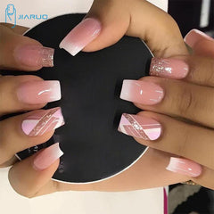 24pcs Jiaruo Y2K French Flash Powder Nails Long Square Press On Nails