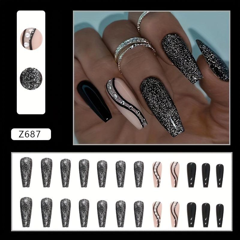 Swirl Glitter Press On Nails Long Coffin False Nails