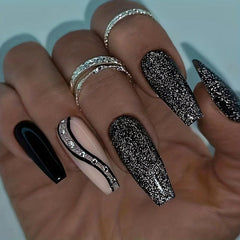 Swirl Glitter Press On Nails Long Coffin False Nails