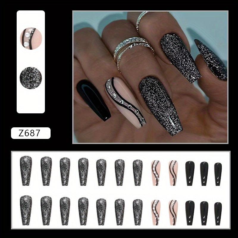 Swirl Glitter Press On Nails Long Coffin False Nails