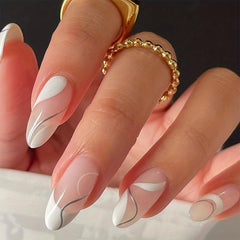 Almond Ballerina Press On Nails, Silvery Swirl Design