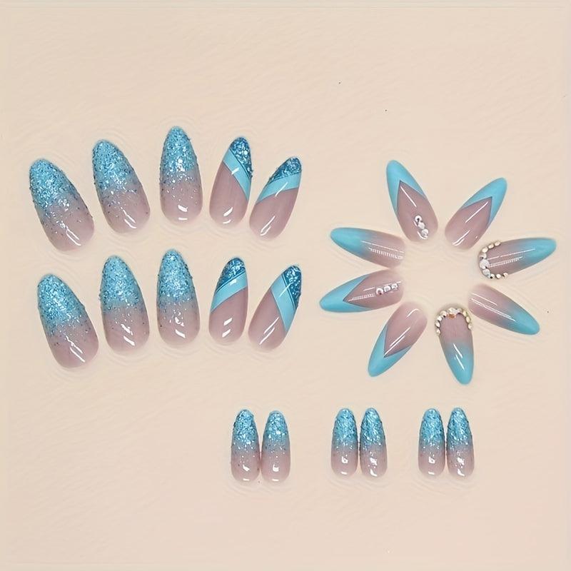 24 pcs Glitter Press On Nails with Rhinestones for Women and Girls