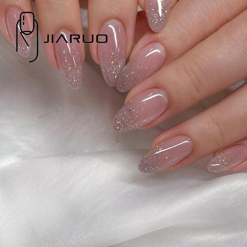 24pcs Glitter Medium Long Press On Almond Shaped False Nails Nude Pink