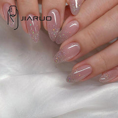 24pcs Glitter Medium Long Press On Almond Shaped False Nails Nude Pink