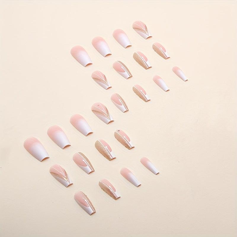 Golden Glitter French Tip Press On Nails Medium Full Cover Artificial Nail