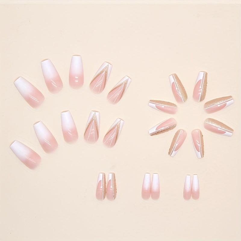 Golden Glitter French Tip Press On Nails Medium Full Cover Artificial Nail