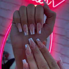 Golden Glitter French Tip Press On Nails Medium Full Cover Artificial Nail