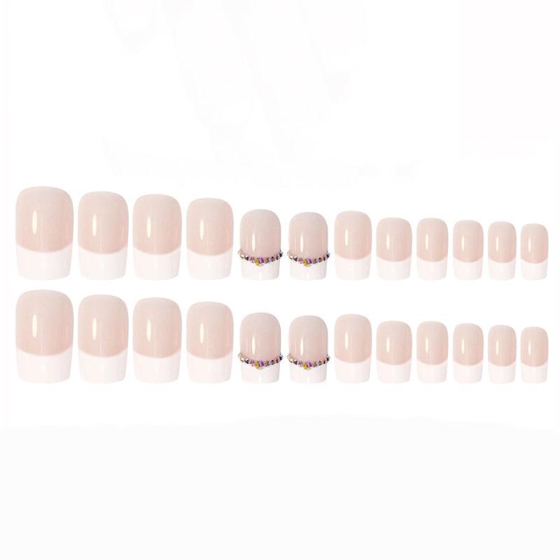 24 pcs Sparkling Jelly Pink Gel Nail Kit with Zircon Decals