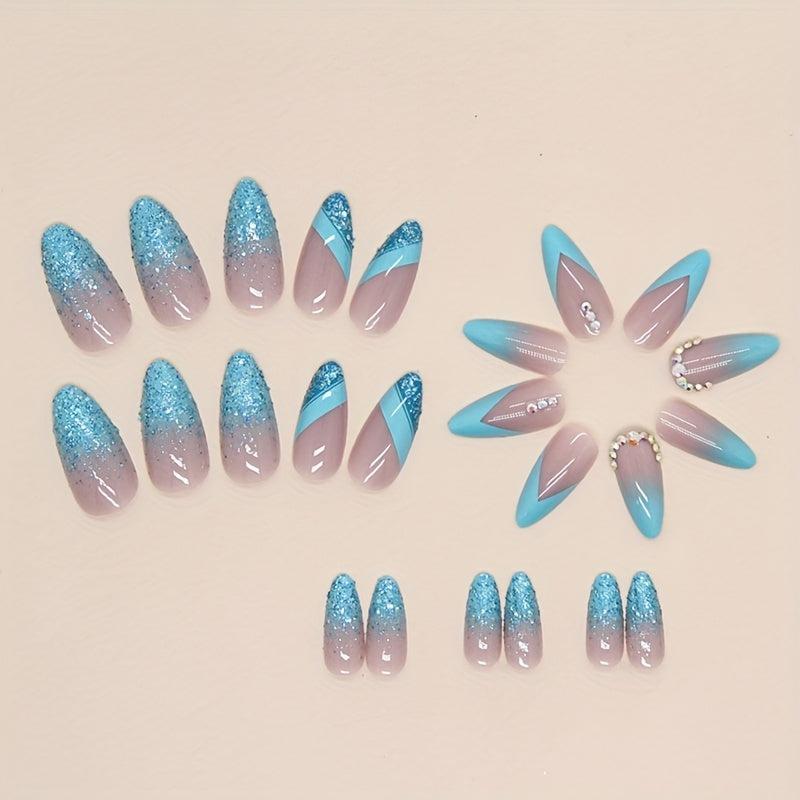 24pcs Glossy French Tip Press On Nails with Rhinestone Long Almond Shape