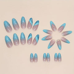 24pcs Glossy French Tip Press On Nails with Rhinestone Long Almond Shape