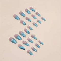 24pcs Glossy French Tip Press On Nails with Rhinestone Long Almond Shape