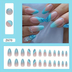 24pcs Glossy French Tip Press On Nails with Rhinestone Long Almond Shape