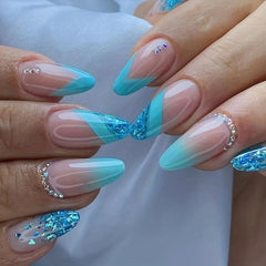 24pcs Glossy French Tip Press On Nails with Rhinestone Long Almond Shape