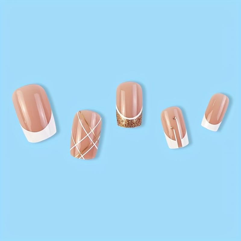24pcs Glitter Press On Nails with Line + Nail File & Glue