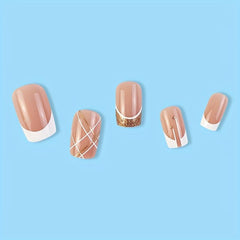 24pcs Glitter Press On Nails with Line + Nail File & Glue