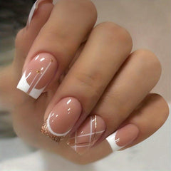 24pcs Glitter Press On Nails with Line + Nail File & Glue