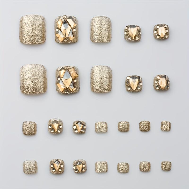 24pcs Rhinestone False Toenails Sparkling Champagne Press On Nails