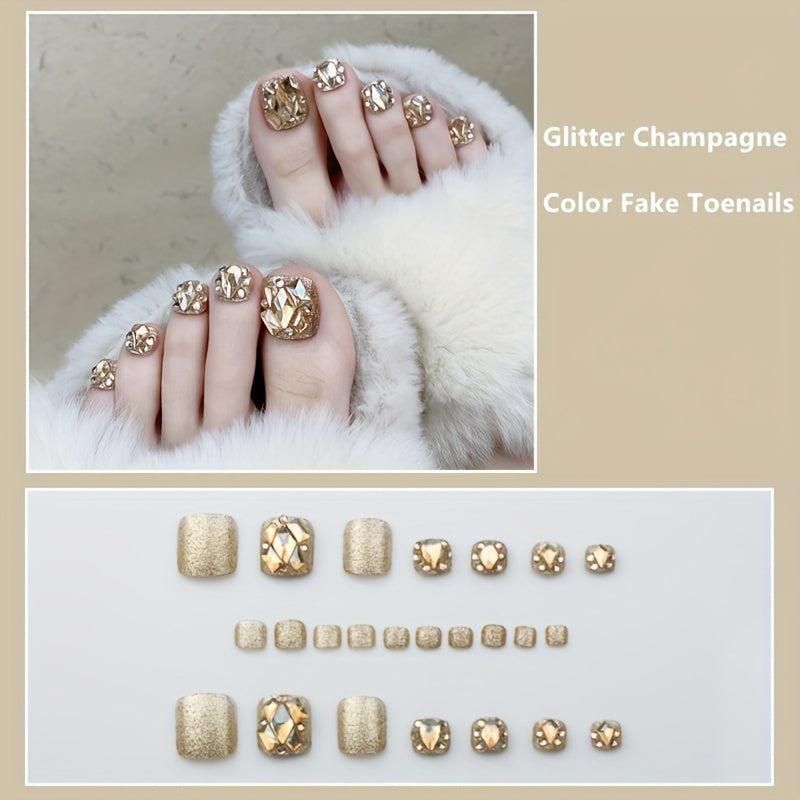 24pcs Rhinestone False Toenails Sparkling Champagne Press On Nails