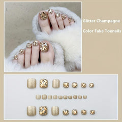 24pcs Rhinestone False Toenails Sparkling Champagne Press On Nails