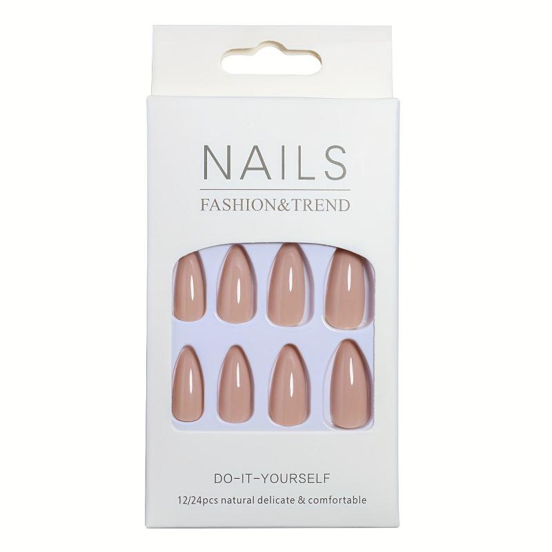 24pcs Glossy Nude Pink Press On Nails Medium Almond False Nails for Women