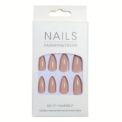 24pcs Glossy Nude Pink Press On Nails Medium Almond False Nails for Women