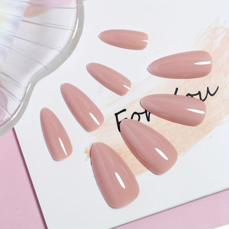 24pcs Glossy Nude Pink Press On Nails Medium Almond False Nails for Women
