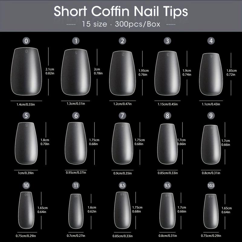 300Pcs Clear Short Nail Tips Almond Coffin Shape Full Cover 15 Sizes