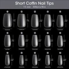 300Pcs Clear Short Nail Tips Almond Coffin Shape Full Cover 15 Sizes