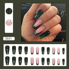 Emerald Green Glitter Press On Nails with Rhinestones