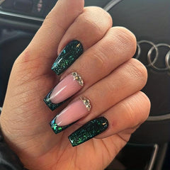 Emerald Green Glitter Press On Nails with Rhinestones