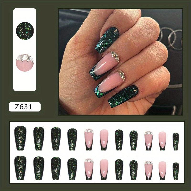 Emerald Green Glitter Press On Nails with Rhinestones