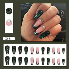 Emerald Green Glitter Press On Nails with Rhinestones