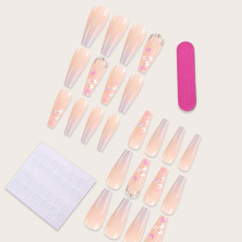 Glitter Butterfly Gradient Pink Square Press On Nails