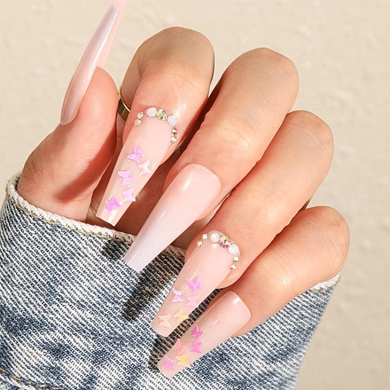 Glitter Butterfly Gradient Pink Square Press On Nails