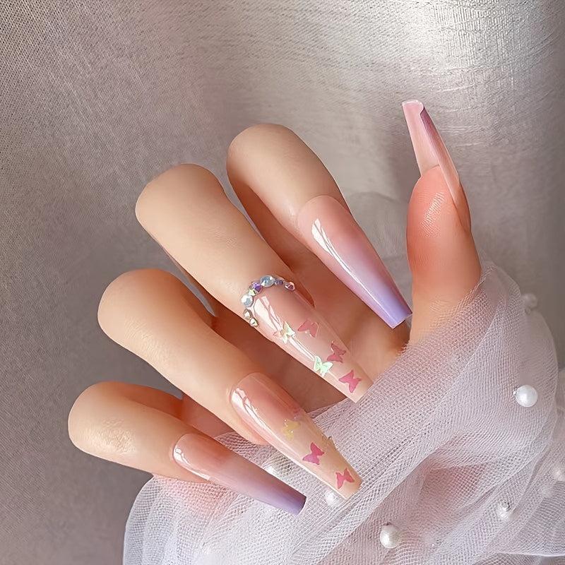 Glitter Butterfly Gradient Pink Square Press On Nails