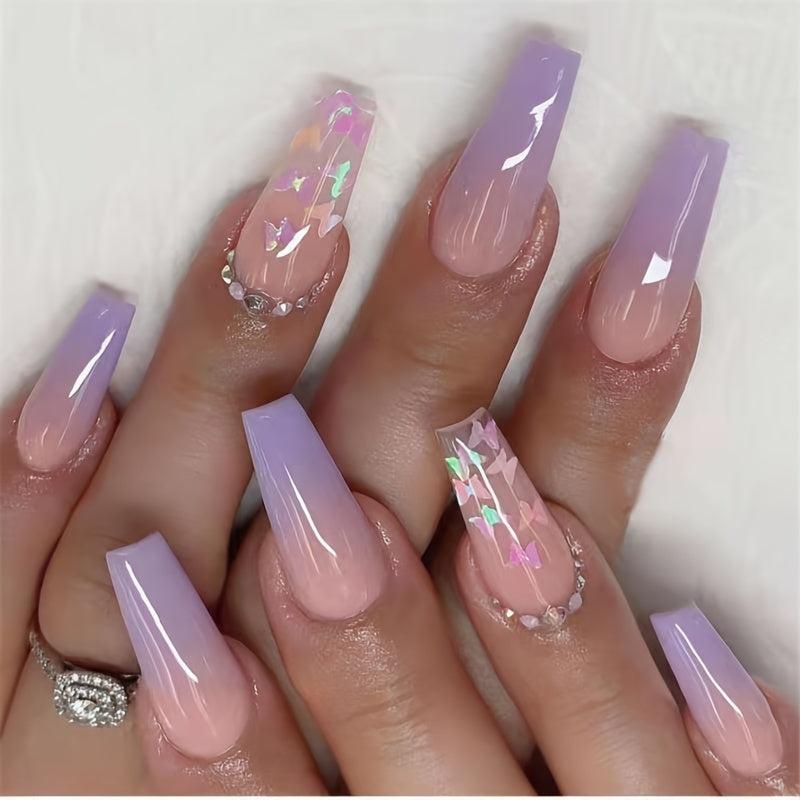 Glitter Butterfly Gradient Pink Square Press On Nails