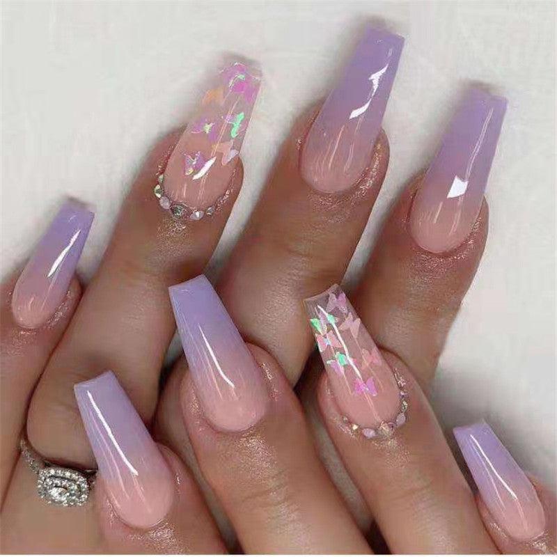 Glitter Butterfly Gradient Pink Square Press On Nails